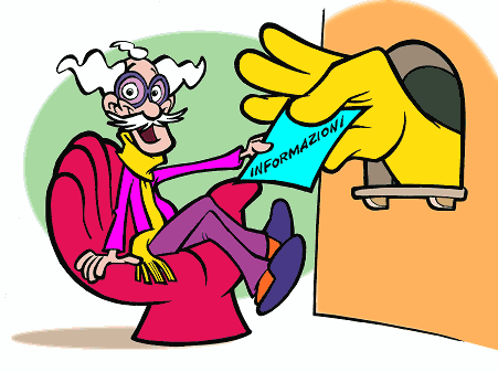 Logo dello sportello informativo raffigurante un sorridente signore anziano che, comodamente seduto su di una poltrona color porpora a forma di mano davanti ad uno sportello informativo, riceve da una grande mano di colore oro la sua sospirata informazione